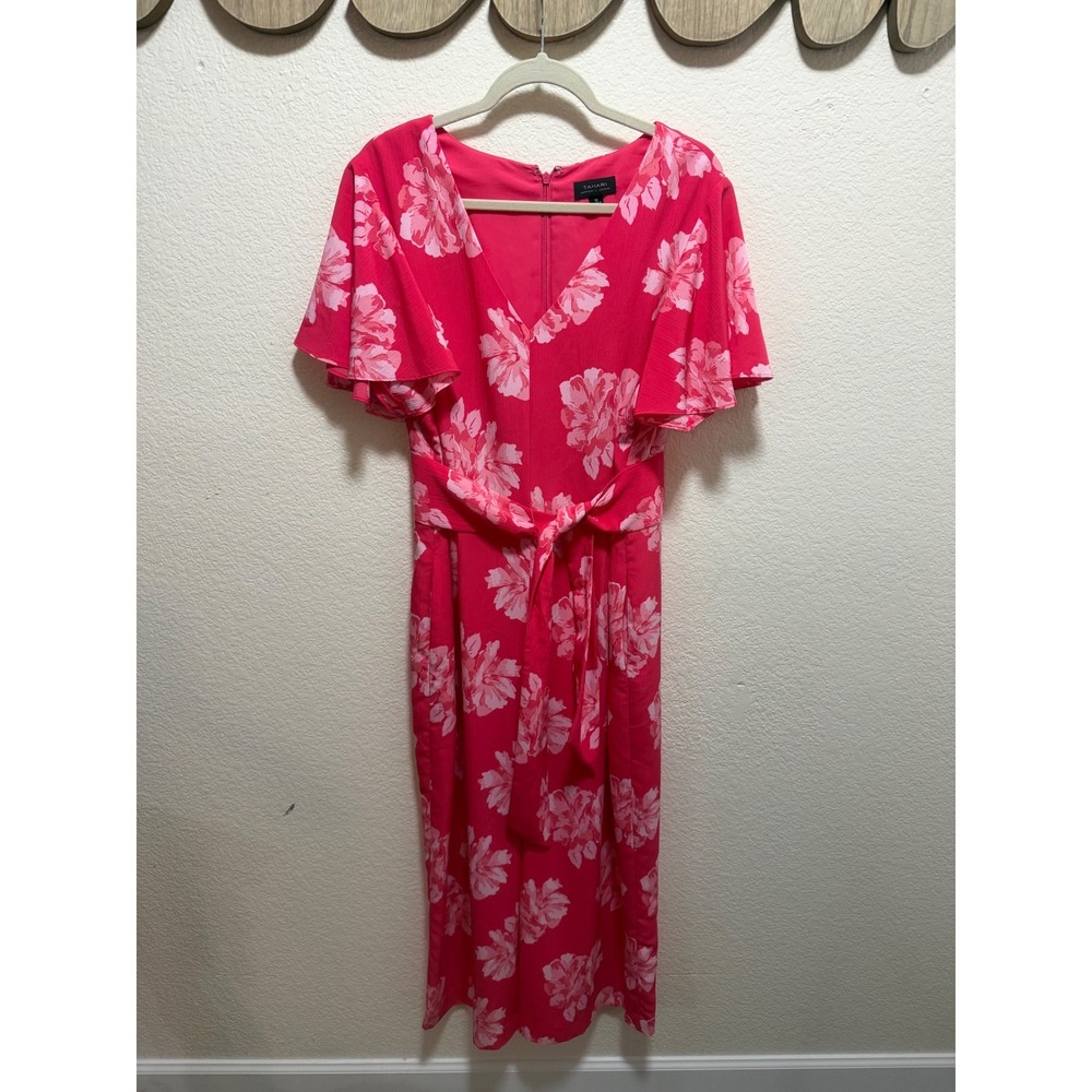 Tahari Pink Floral Flutter Sleeve Wide Leg Jumpsuit Size 16 V-Neck Belted Crepe
